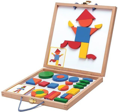 Set magnetik druri Djeco Wooden Magnetic Geoform, 42 figura, 24 kartela, shumëngjyrësh