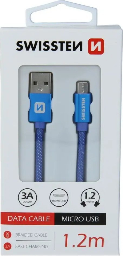 Kabllo USB në Micro USB Swissten, 1.2m, 3A, blu