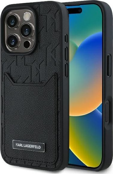 Mbulesë telefoni Karl Lagerfeld Cardslots Monogram për iPhone 16 Pro Max 6.9", nga eco leather, me xhep kartash, e zezë