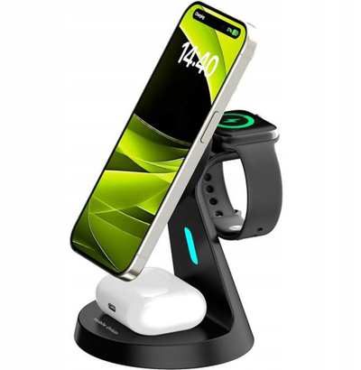 Karikues wireless 3n1 Mobile Origin PW9, me sustë magnetike MagSafe, për iPhone, Apple Watch edhe kufje, i zi