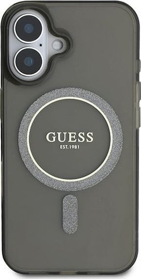 Këllëf telefoni Guess IML Glitter Circle me MagSafe për iPhone 16 6.1", transparent, i zi