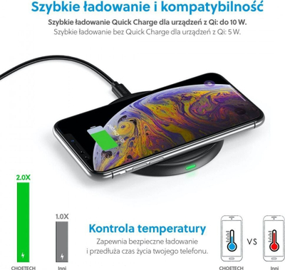 Karikues wireless Choetech T526 S, Qi 10W, me kabllo USB, i zi