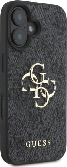 Mbrojtëse telefoni Guess 4G Metal Logo për iPhone 16 Plus, PU, gri