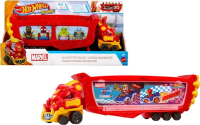 Lodër kamion Hot Wheels RacerVerse Marvel Hulkbuster Hauler, çun transportues për 10 makina, i kuq