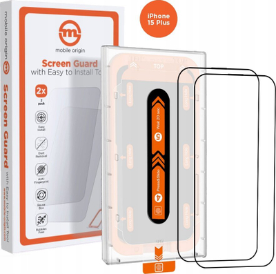 Mbrojtëse ekrani Mobile Origin Orange për iPhone 15 Plus, xham i fortë 9H, set 2 copë, transparente
