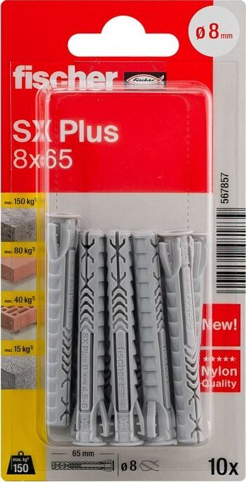 Tiplle plastike Fischer SX Plus 8x65 mm, najlon, set 10 copë, gri