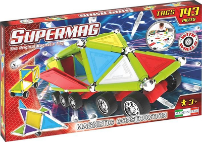 Lodër Ndërtuese Magnetike Supermag Tags Wheels, 143 copë, me rrota, shumëngjyrëshe