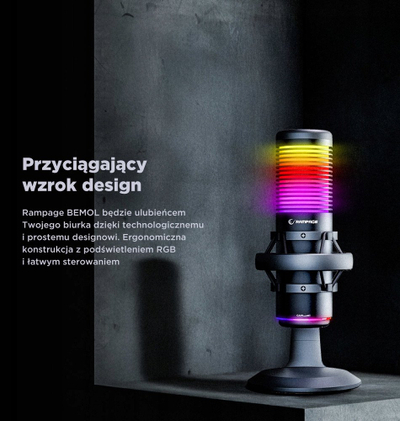 Mikrofon tavoline Rampage Bemol RGB, kapacitiv, 3.5mm dhe USB C, i zi