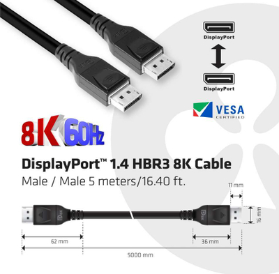 Kabllo DisplayPort në DisplayPort Cable Club CAC-1061, 5m, 8K, e zezë
