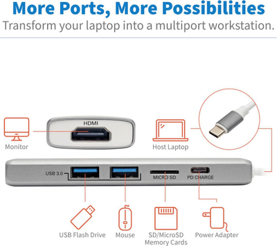 Adaptor docking USB C Eaton Tripp Lite U442DOCK10S, HDMI 4K, Power Delivery, argjendtë