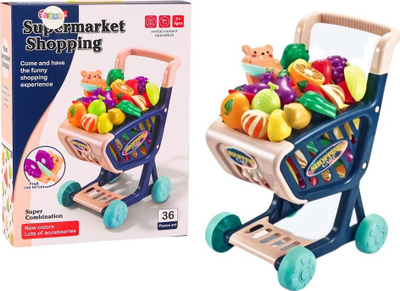Lodër karrocë supermarket për fëmijë Supermarket Shopping, 36 pjesë, me fruta dhe perime, blu navy