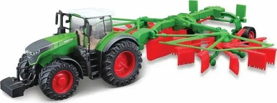 Model traktor Bburago Fendt Tractor + Tedder Flywheel, maket metalik, rrota lëvizëse, jeshile