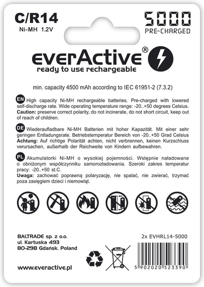 Bateri rimbushëse EverActive Professional Line C R14, 4500mAh, 1.2V, të bardha