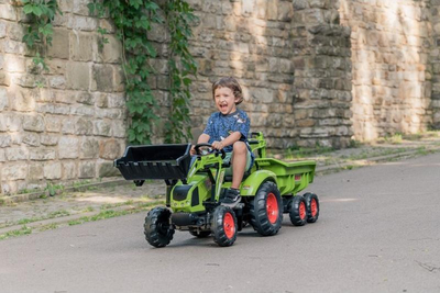 Traktor lodër Falk Claas Arion 430, për hipur me pedale, me rimorkio dhe ngarkues, i gjelbër