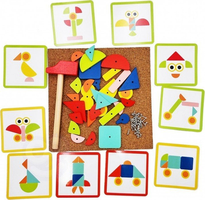 Lodër druri Montessori Woopie Green Cork Hammering Set, dërrasë tapë, forma me ngjyra