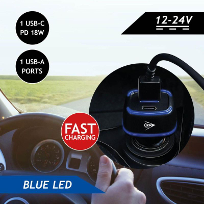 Karikues makine Dunlop USB USB-C, PD 18W, me dritë LED blu, i zi