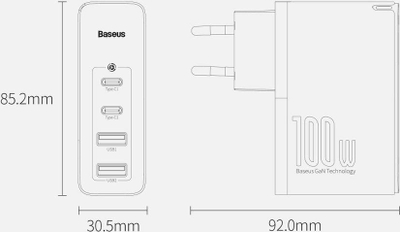 Karikues Baseus GaN2 Pro 2x USB-A 2x USB-C 3 A (BSU2726BLK), 100 W, i zi