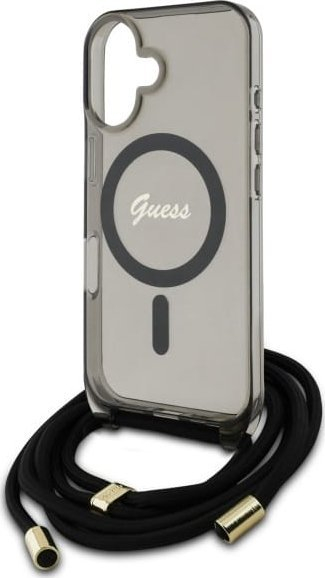 Këllëf telefoni Guess Crossbody Cord Script MagSafe për iPhone 16, me rrip, i zi