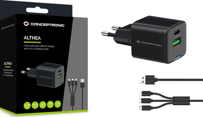Ngarkues Conceptronic 2 Port GaN, 33W, USB PD QC 3.0 PPS, me kabllo 3 në 1, i bardhë