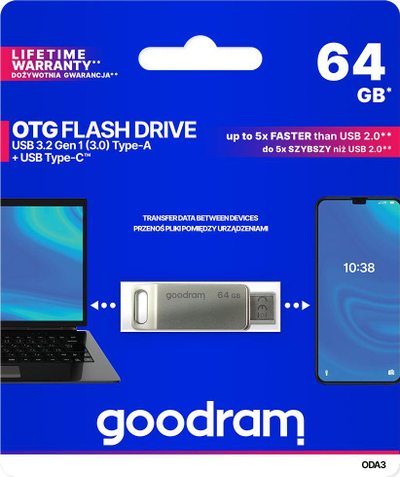 USB GoodRam ODA3, 64GB, USB 3.2 Type A / Type C, ngjyrë argjendi