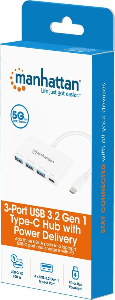 HUB USB Manhattan 3-Port, USB 3.0, Type-C Power Delivery, i bardhë