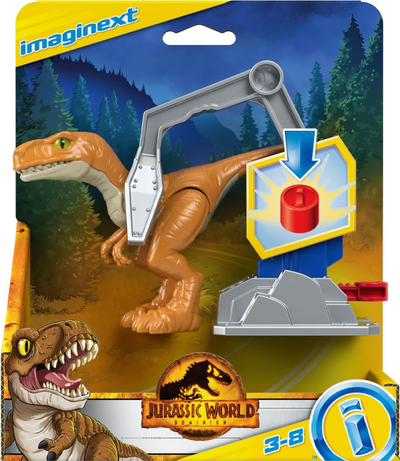 Lodër figurë Imaginext Jurassic World Atrociraptor Tiger, që lëviz me nyje, me harness, portokalli