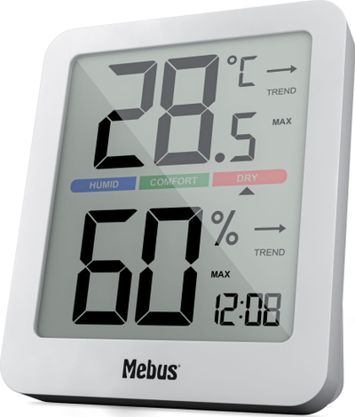 Stacion moti Mebus 40928, termohigrometër digjital, ekran me dritë, i bardhë