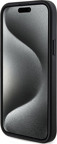 Kuti telefoni Guess 4G Collection Leather Metal Logo MagSafe, për iPhone 15 Plus 14 Plus, e zezë