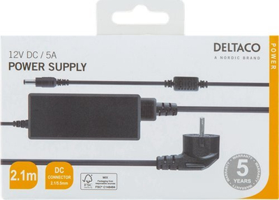 Adapter rryme Deltaco 12V 5A, hyrje 100-240V, kabllo 1.5m, i zi