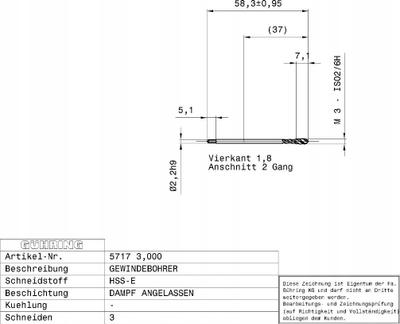 Çekiç filetimi Guhring 5717 M3x0.50, spiral, kobalt, i zi