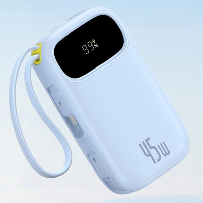 Powerbank Baseus 45W, 20000mAh, kabllo USB C dhe Lightning të integruara, i zi