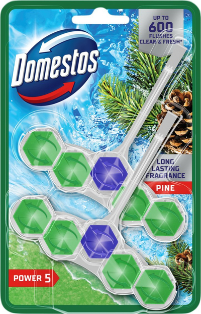 Блок за тоалет Domestos Power 5 Pine, 2x55g, мирис на бор
