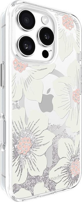 Kapak telefoni Kate Spade New York Liquid Glitter MagSafe për iPhone 16 Pro, model Hollyhock, transparent me lule