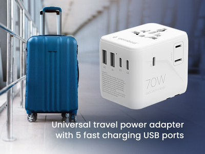 Përshtatës universal udhëtimi Gembird, 70W, 5 porta USB, i bardhë