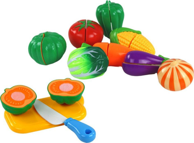 Lodër kuzhine Leantoys Vegetables with Velcro in Basket, set perimesh plastike, me aksesore, shume ngjyrash