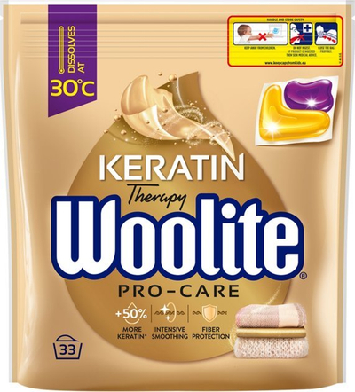 Kapsula për larje rrobash Woolite Keratin Therapy Pro Care, 33 kapsula, qese