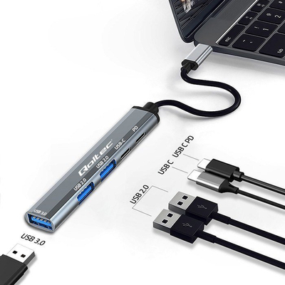 USB HUB Qoltec 5 në 1, USB C 3.1, PD, gri
