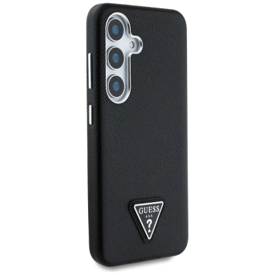 Futrollë Guess Grained Triangle Logo MagSafe për Samsung Galaxy S25, eko lëkurë, e zezë