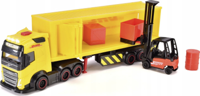 Kamion lodër Dickie DHL Heavy Truck 203747018, me forklift, me drita dhe zë, i verdhë