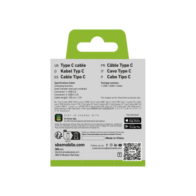 Kabllo karikimi Sbs TECABLETYC1KP05, USB 2.0 në USB-C, 1m, e zezë