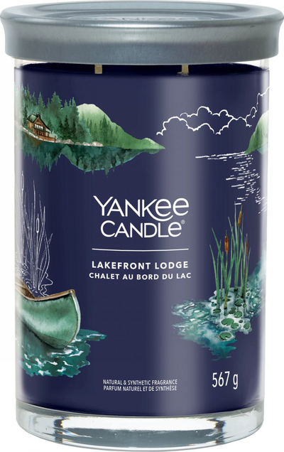 Qiri Yankee Candle Lakefront Lodge Signature Large Tumbler, aromë druri, 567g, blu