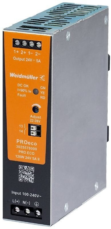 Furnizim energjie Weidmüller PROeco, 24V DC 5A, hyrje 100–240V AC, portokalli