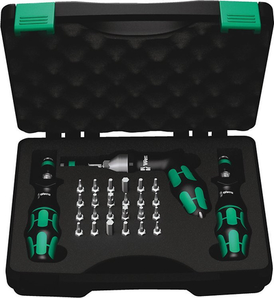 Set kaçavidash moménti Wera 7445/46/47, 27 pjesë, me bita 1/4", i zi me jeshile