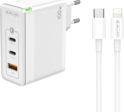 Karikues muri JELLICO C118 GaN, 100W PD, 2xUSB C 1xUSB QC3.0 me kabllo USB C Lightning, i bardhë