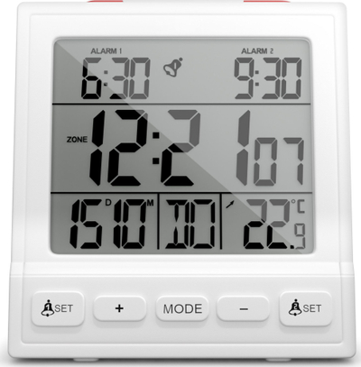Radio alarm Mebus 56813, ekran i ndriçuar, me bateri AAA, i bardhë