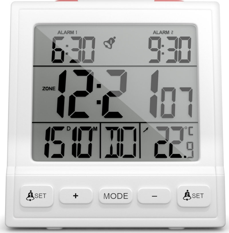 Radio alarm Mebus 56813, ekran i ndriçuar, me bateri AAA, i bardhë