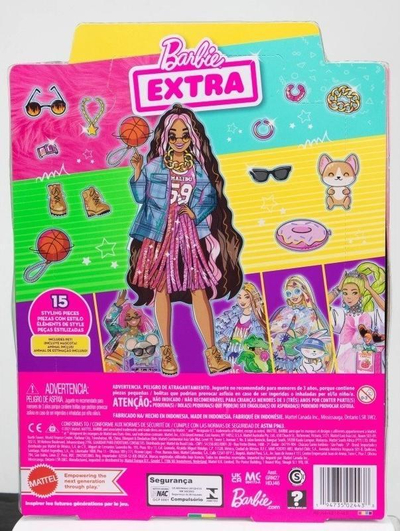 Kukull Barbie Extra Mattel, me xhaketë flanel, me aksesore dhe qen corgi, shumëngjyrëshe