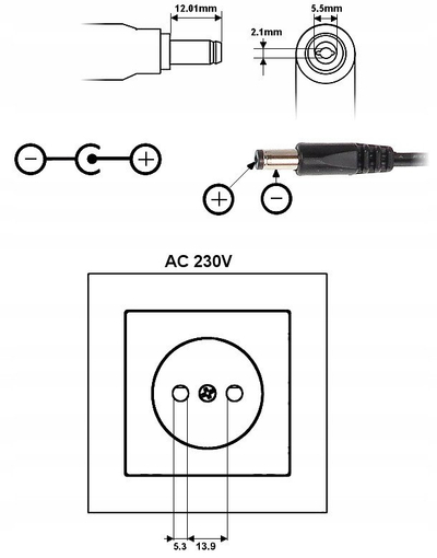 Adapter rryme BCS PS304, 15V DC 24W, për testues CCTV, i zi