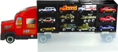 Set lodrash Leantoys Truck, kamion me valixhe, 12 makina të vogla, i kuq