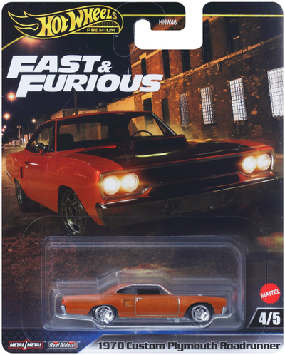 Maket makine Hot Wheels Premium Fast and Furious, 70 Plymouth Roadrunner, metal 1:64, e kuqe